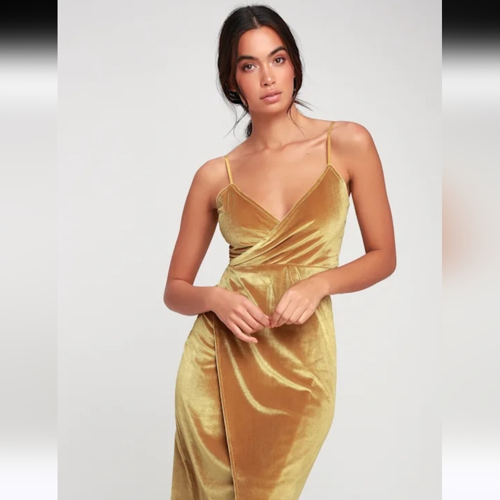 Honey Love Mustard Yellow Velvet Bodycon Wrap Dress